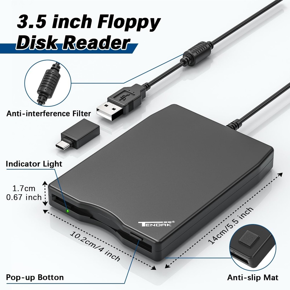 Tendak USB Floppy Disk Drive, Floppy Disk Reader 3.5 inch Portable USB Extern...