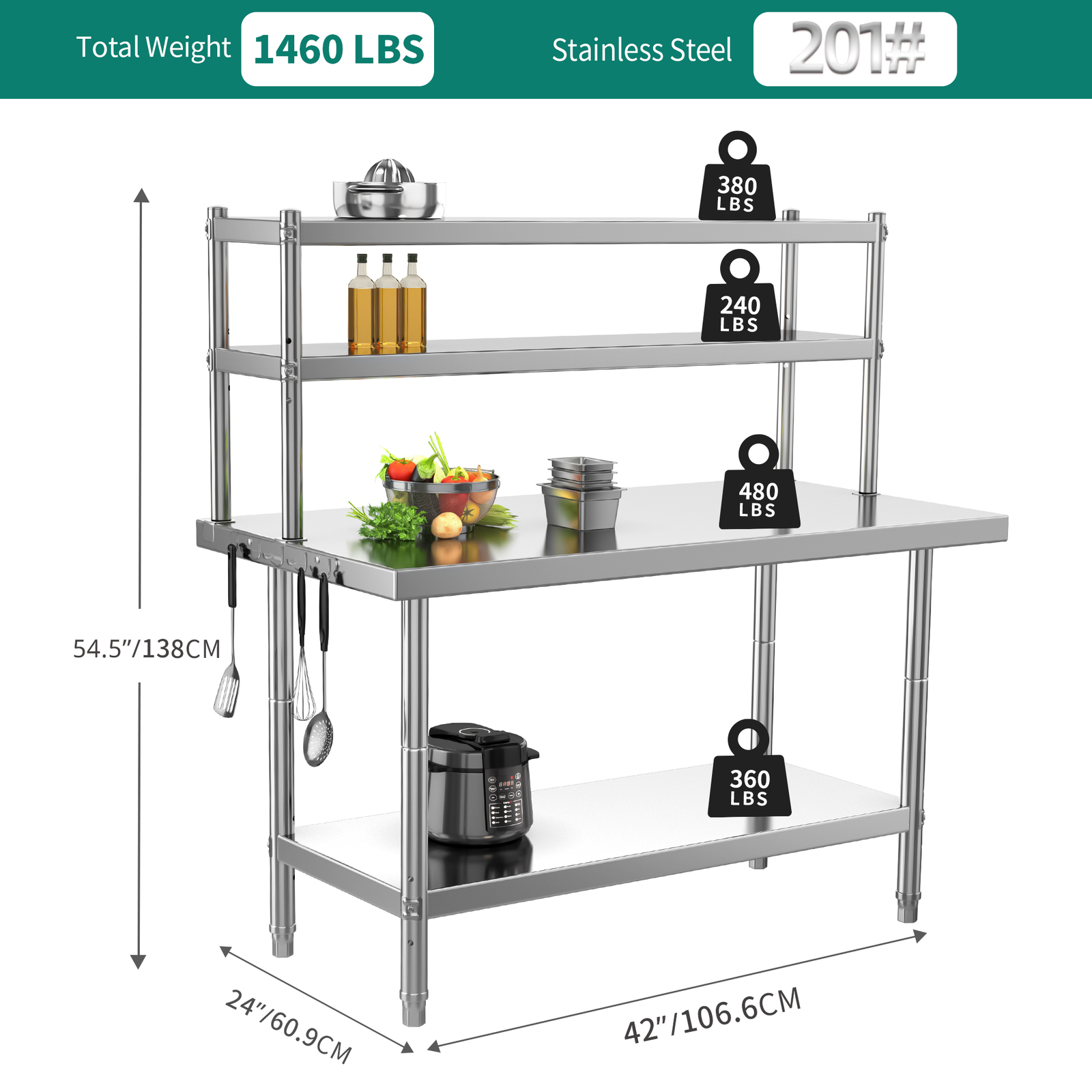 Stainless Steel Work Table with Overhead Shelf, 42" x 24"