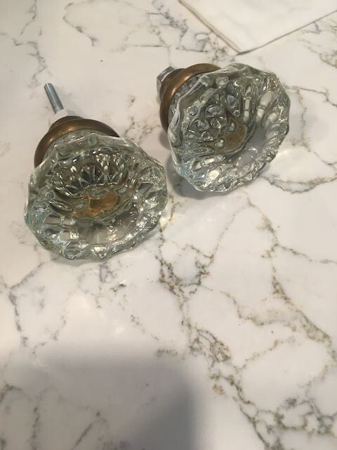 Two 2" Vintage Crystal Clear Glass Door Knobs No Stems
