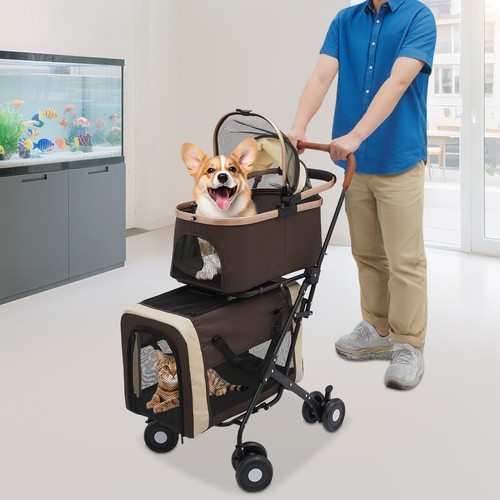 2-Tiers 77lbs Foldable Cat Stroller Pet Stroller Small & Medium Dogs Stroller