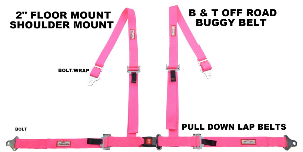 PINK 4 POINT SEAT BELT 2" HARNESS, PULL DOWN LAP BELTS FLOOR MOUNT PUSH BUTTON