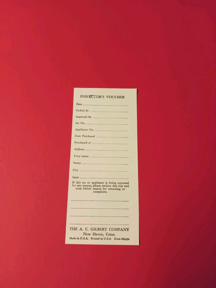 A.C. Gilbert Erector Set Inspector's Voucher (Reproduction)
