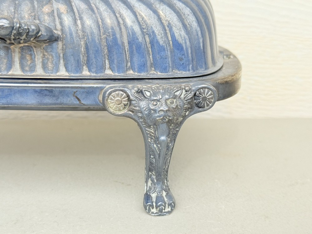 FB Rogers Silver Plated Roll Top Lion Head Claw Feet Covered Butter Dish