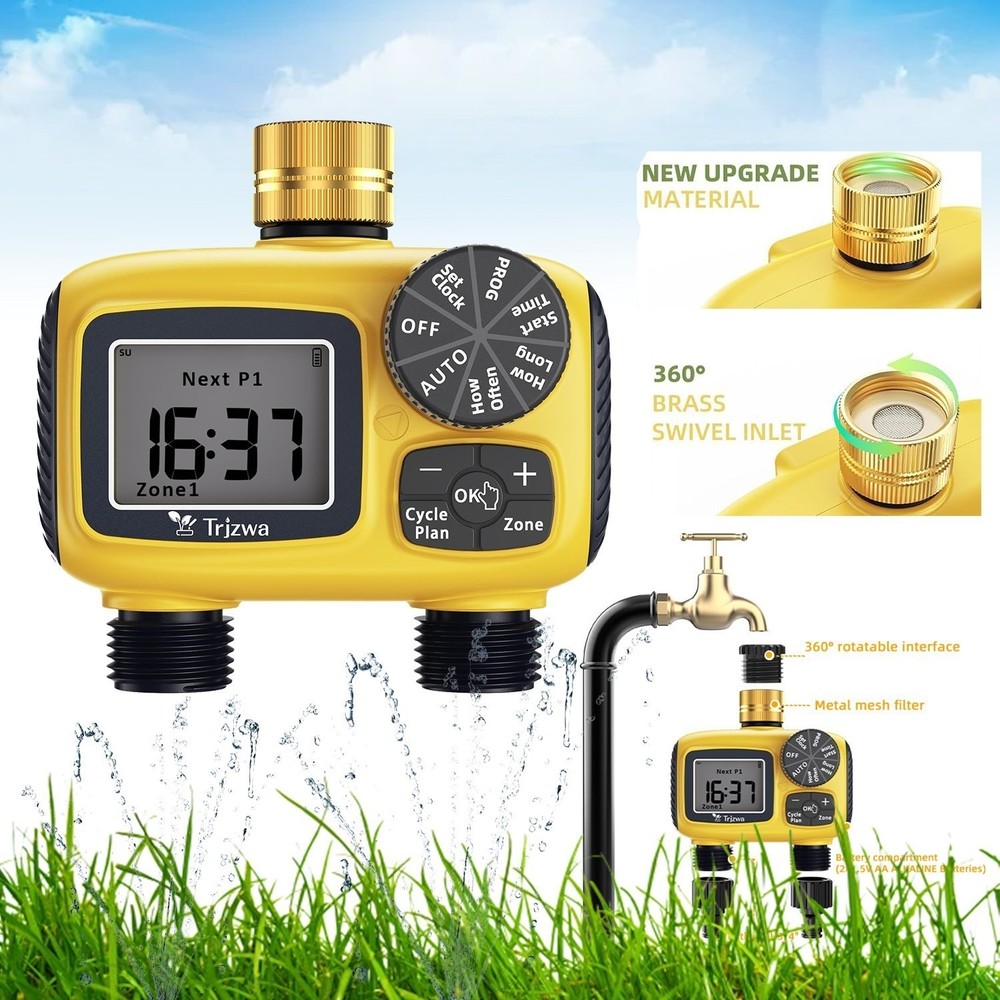 2 Zone Sprinkler Timer Outdoor w/ Brass Swivel Water Timer Automatic Controller