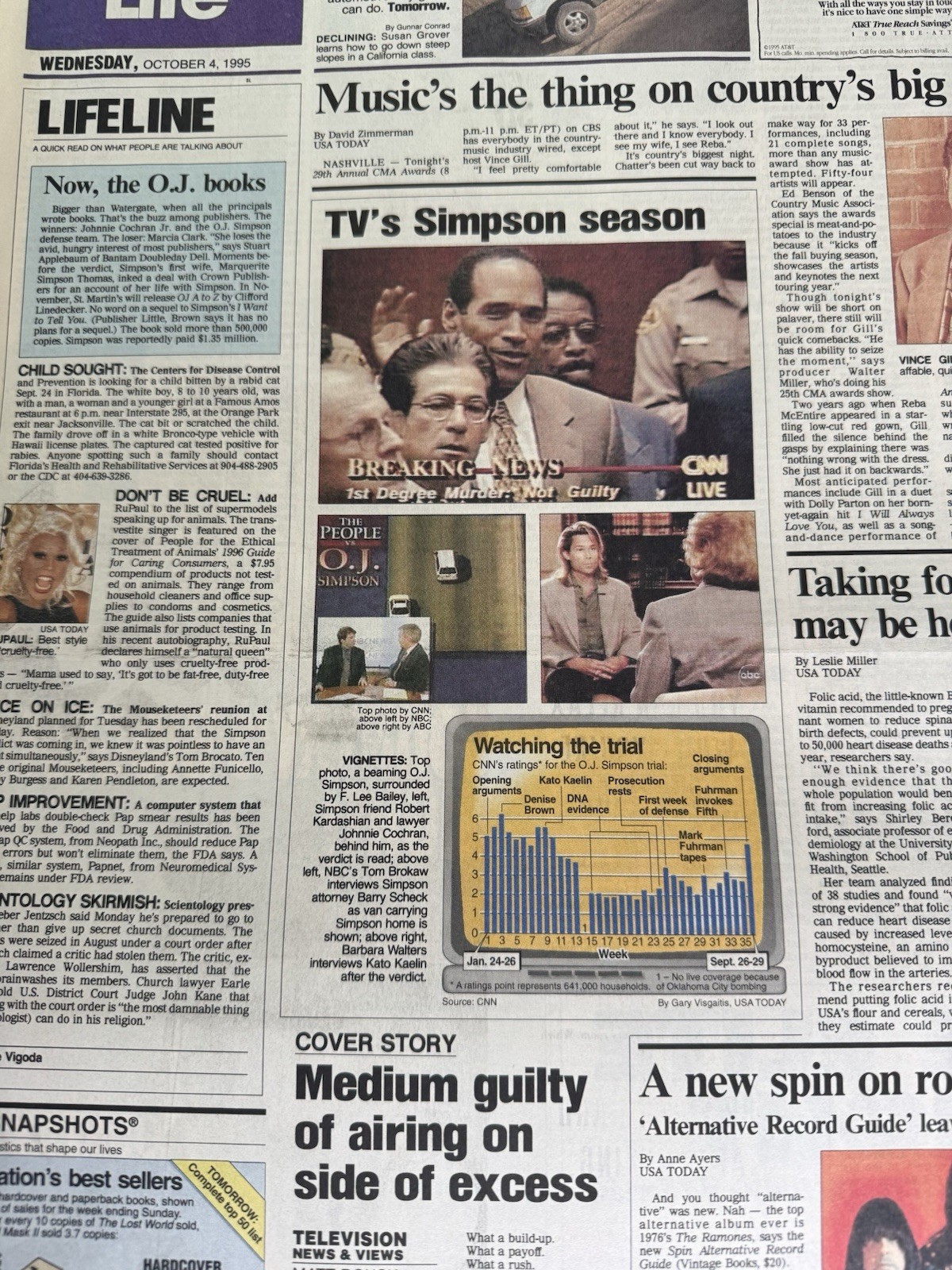 OJ Simpson Free Verdict Double Murder October 4th 1995 USA Today Newspaper