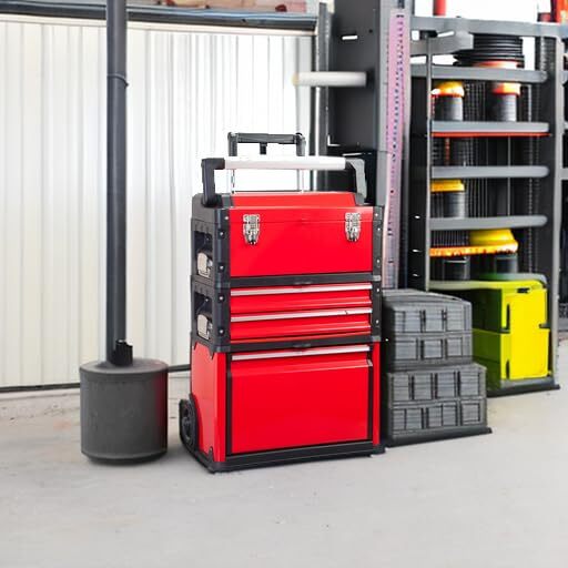 BIG RED Stackable Portable Metal Tool Box Organizer with Wheels, 2 Drawers,Red