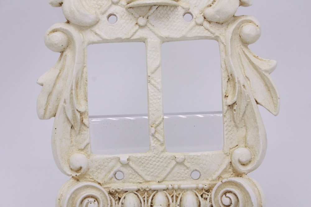 Composite 3D Antique Style Double White Dimmer Light Switch Plate Fleur de Lis