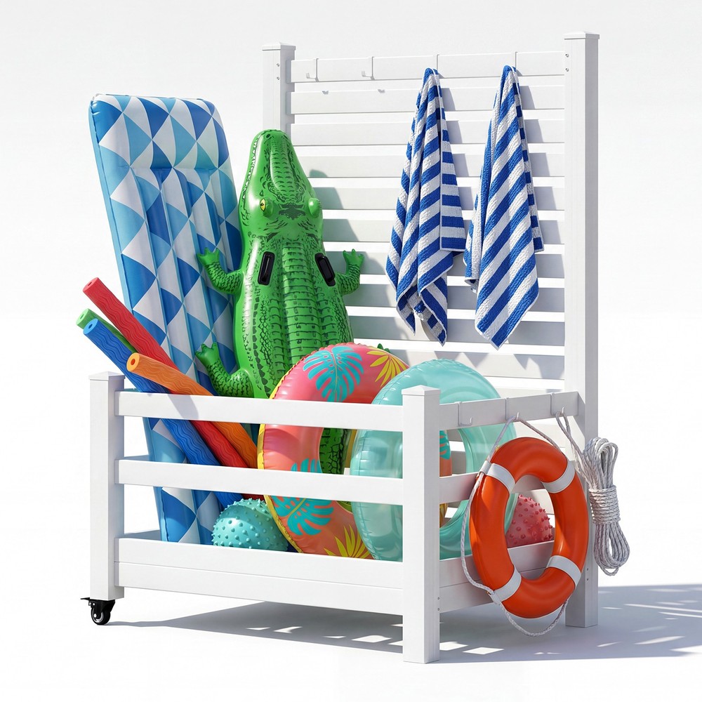 NAIZEA Pool Storage Bin with Wheels 45"Lx36"Wx71"H Pool Float Storage Organizer