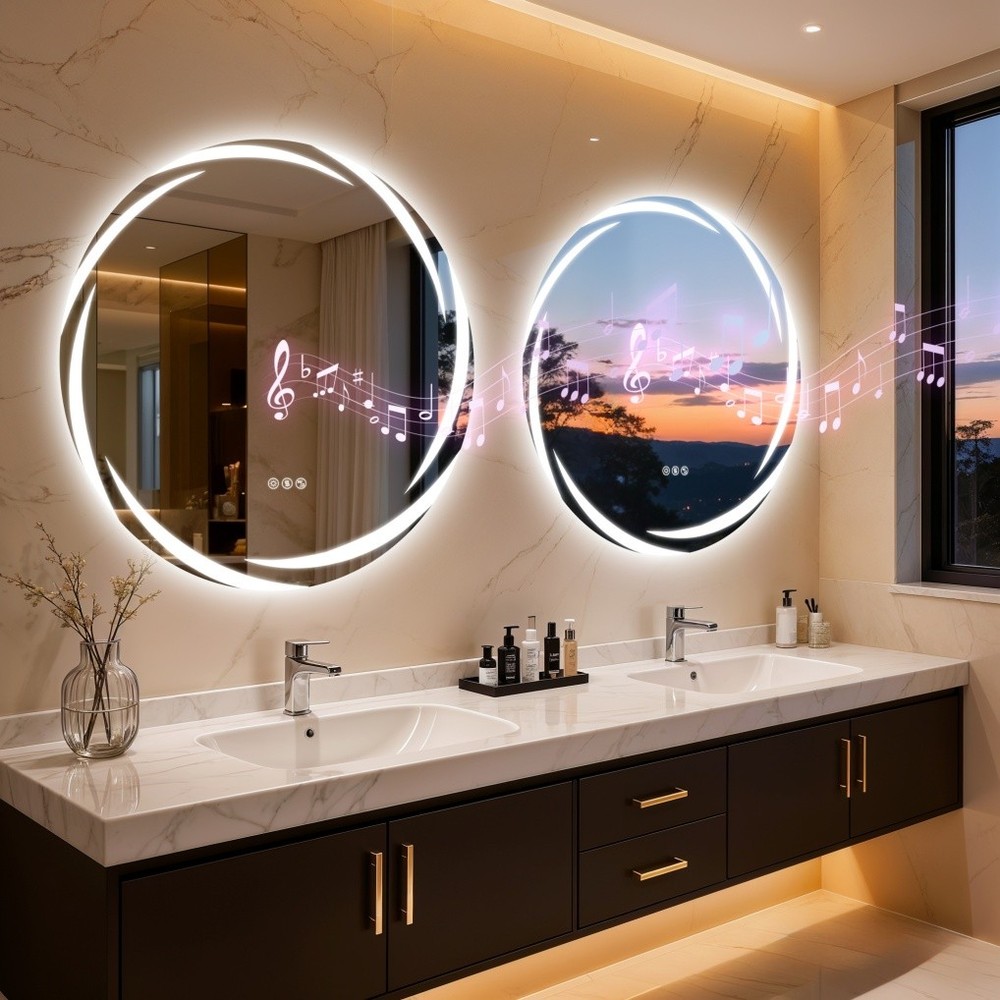 32" Smart LED Bathroom Mirror Wall-Mounted with Bluetooth Speaker Dimmable Round
