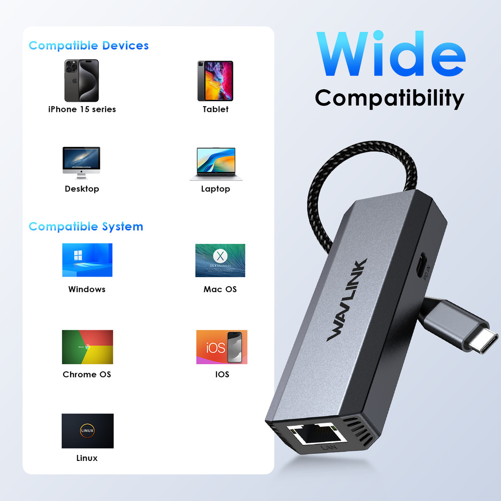 2.5G/5G 95W PD USB-C Ethernet Adapter 10/100/1000Mbps iPhone 17/Mac/Win/Linux