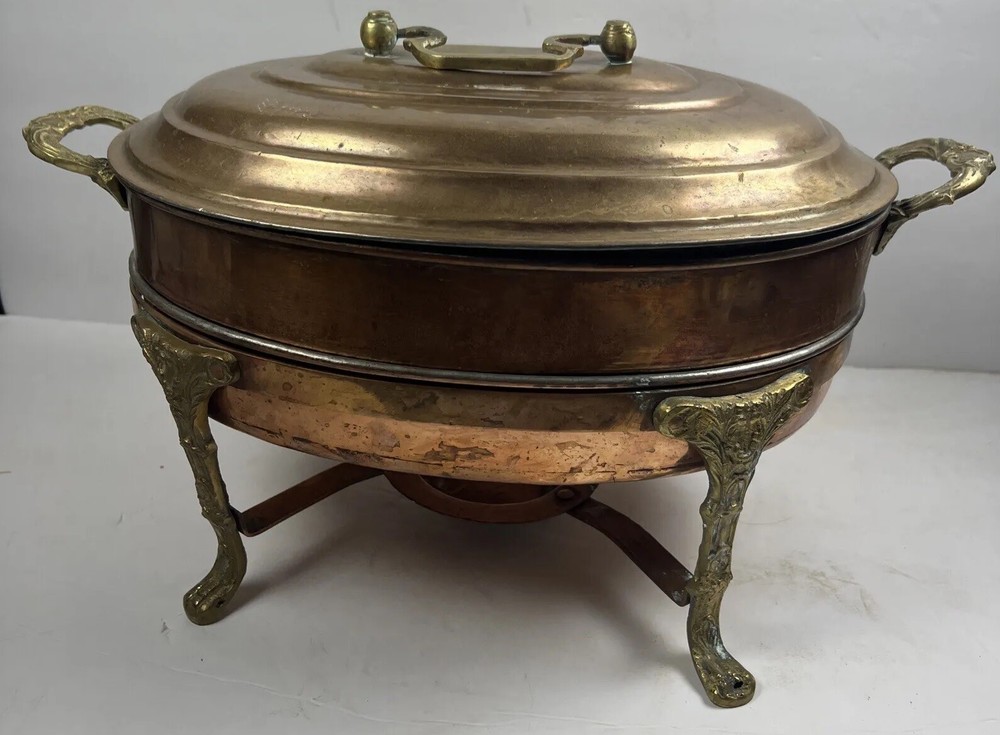 Large Oval Copper & Brass Chafing Dish 3 Pieces Lid, Pan & Stand Footed Server