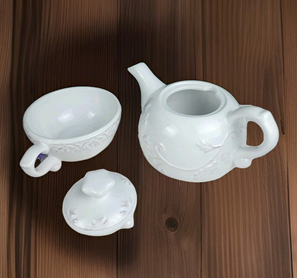 Dena Home Stackable Teapot + Cup - White Embossed Scroll/Floral