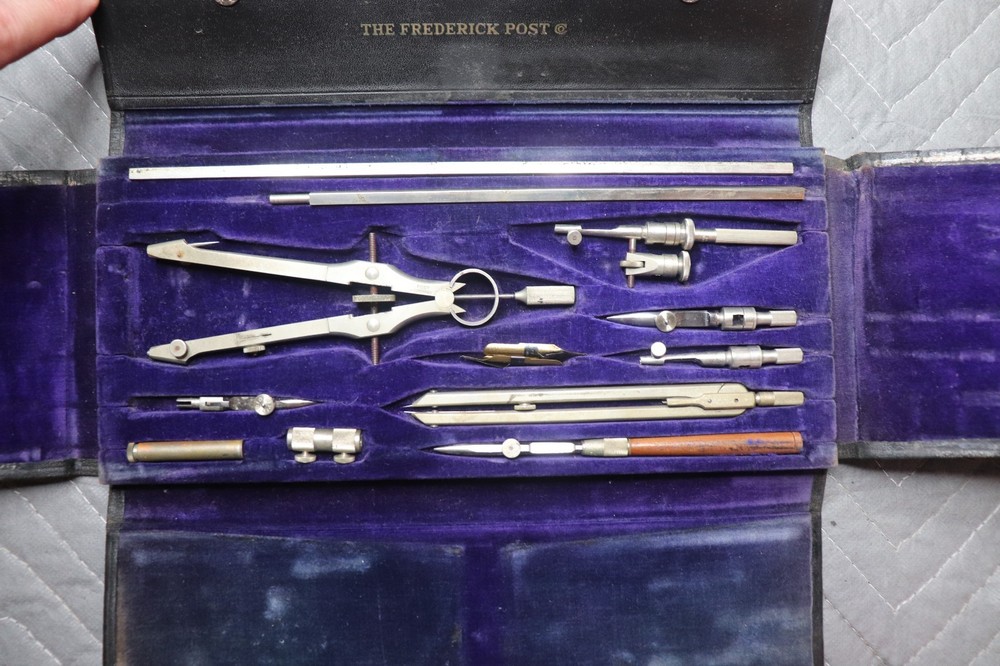 Vintage Frederick Post Drafting Compass Set Complete Engineer Tools w/ Case