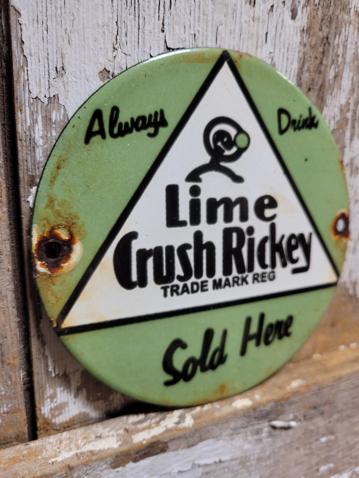 VINTAGE CRUSH PORCELAIN SIGN OLD LIME RICKEY SODA COLA POP BEVERAGE SOLD HERE