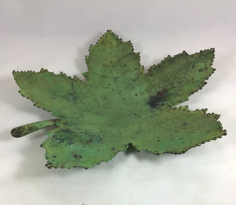 Aged Solid Copper Leaf Tray/Dish; Hand Cut, Shaped, Etched; Footed; 15 X 15X 3.