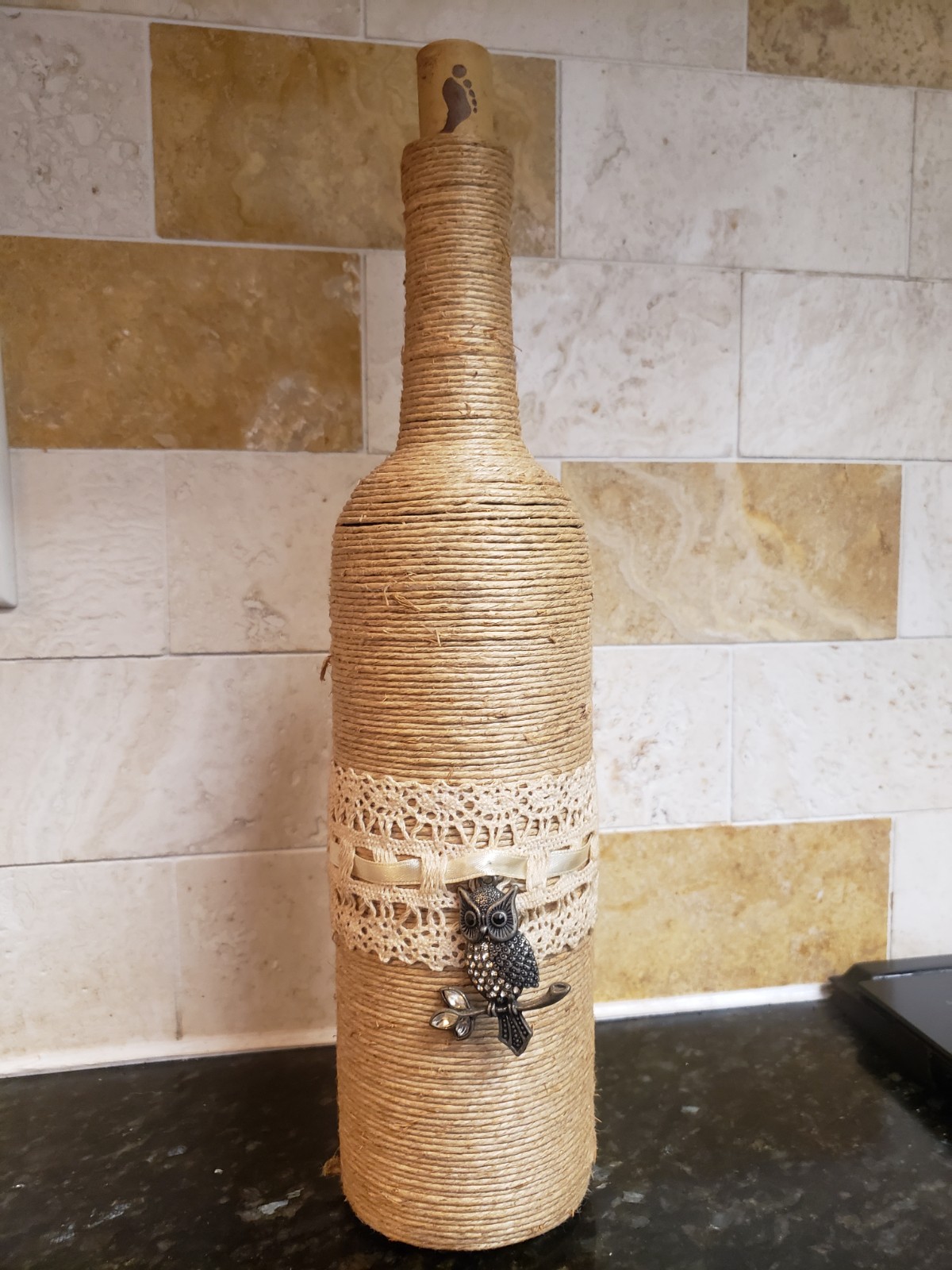 Handmade Twine Wrapped Wine Bottle Flower Vase W Owl Accent