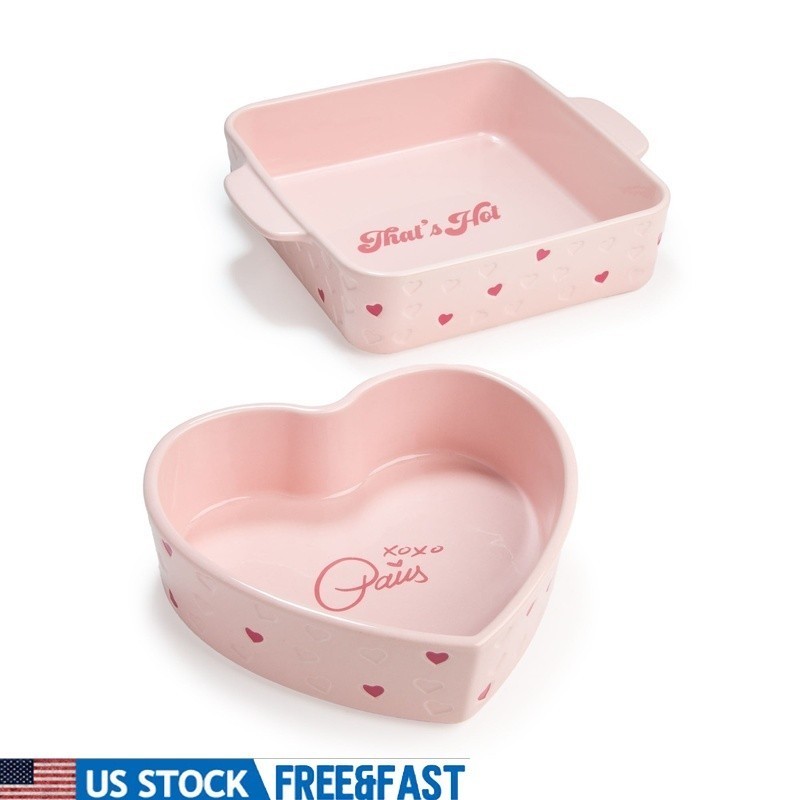 Ceramic Baker Set 2 Piece Heart Square Baking Dish Stoneware Oven Microwave Safe