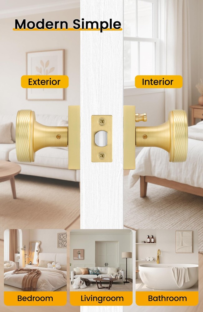 Gold Door Knobs Interior, Brushed Gold Door Knobs Square Privacy Door Knob fo...