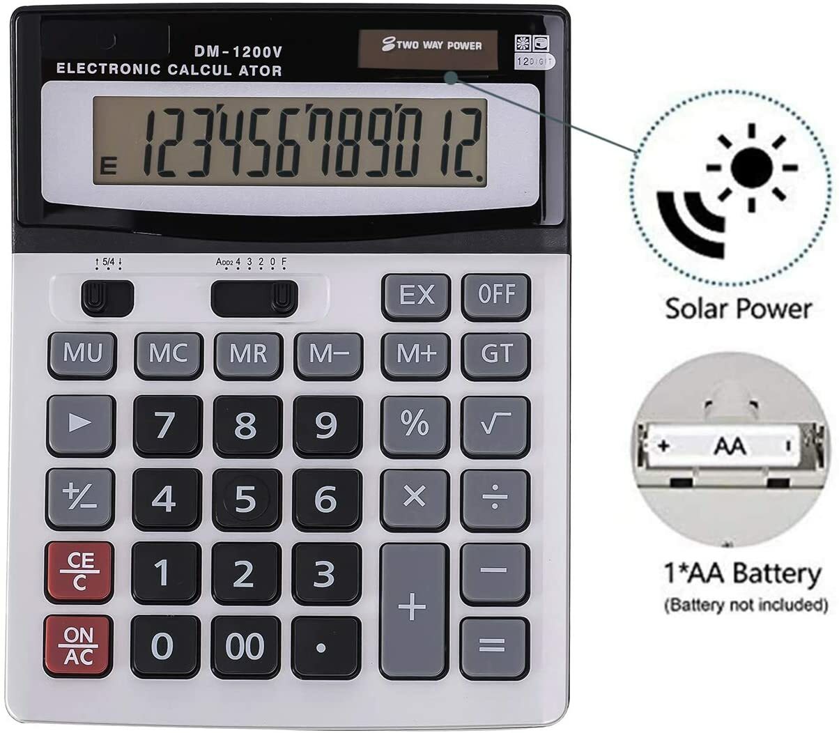 12-Digit Desktop Calculator Standard Function Dual Power Calculator Solar and AA