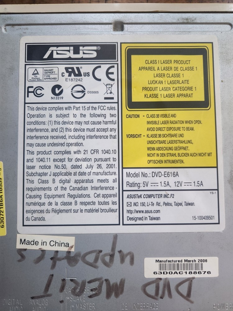 Asus QuiteTrack 16X - IDE DVD ROM Drive - Model# DVD-E616A