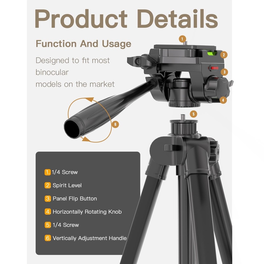 69” Tripod for Spotting Scopes, Binocular & Camera, Includes Binocular Ada