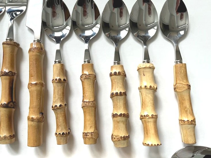 23 ASSORTED PCS. *KOALA LOVE* BAMBOO HANDLE STAINLESS FLATWARE-UNUSED OPEN BOX