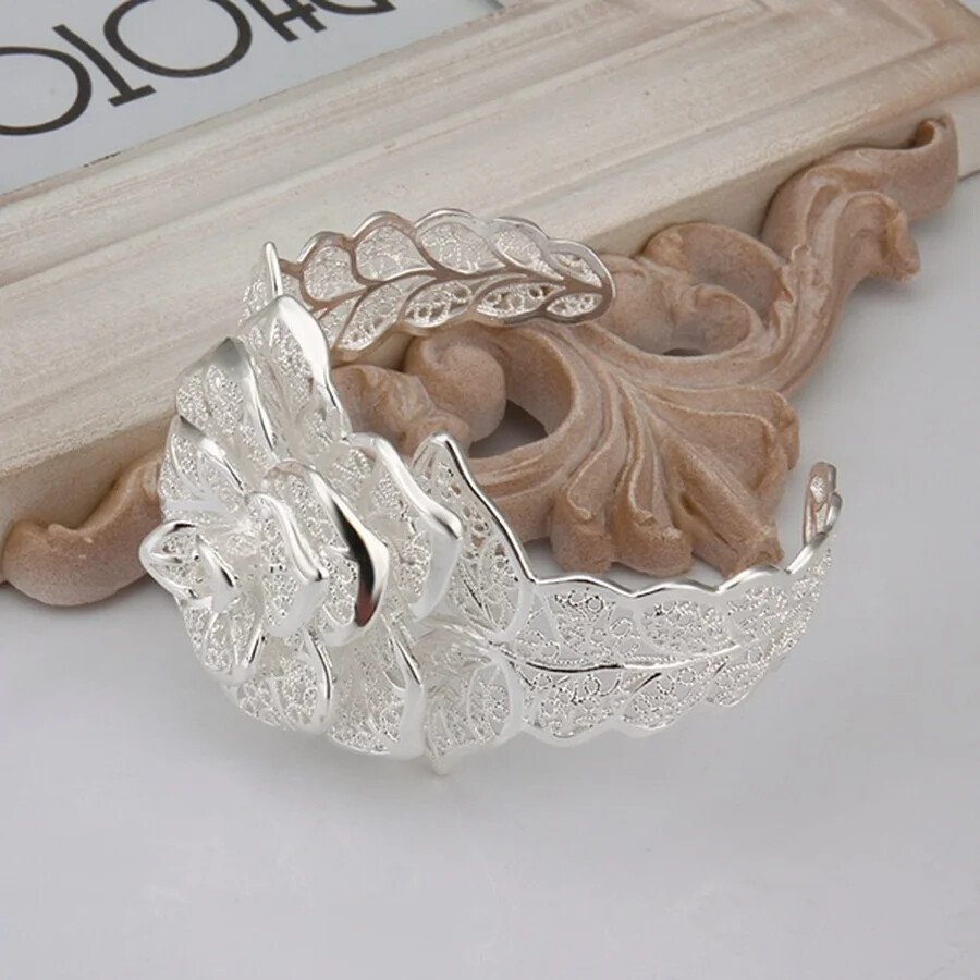 925 Sterling Silver Big Flower Open Cuff Bracelet Elegant Unique Bangle
