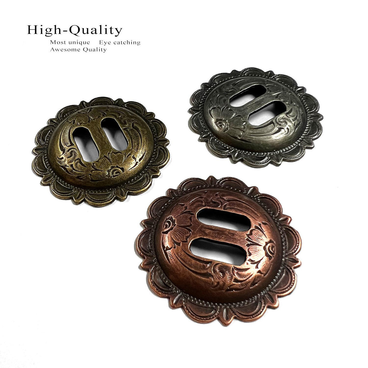 Set of 6 WESTERN HORSE SADDLE TACK ANTIQUE ENGRAVED SLOTTED CONCHOS 1-1/2"