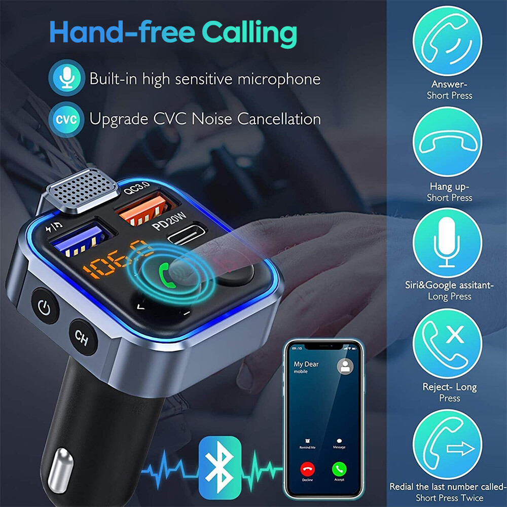 Bluetooth 5.0 Car Wireless FM Transmitter Adapter 2USB PD20W Charger Hands-Free