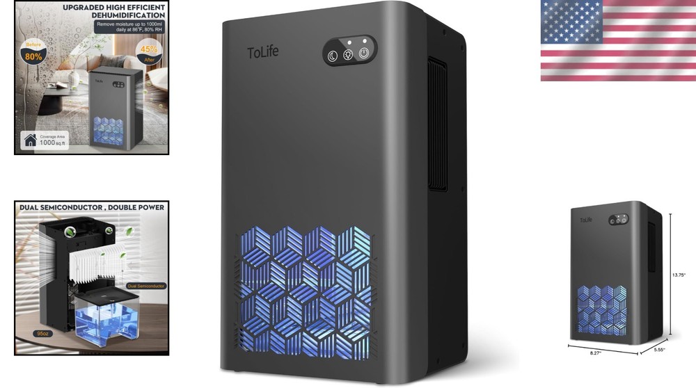 Versatile Dehumidifier for Home: 1000 sq.ft Coverage with Auto Shutoff Feature