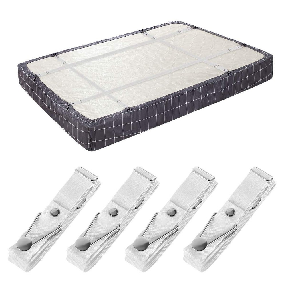 Adjustable Bed Sheet Holder Straps - Fitted Clips for King Size, White
