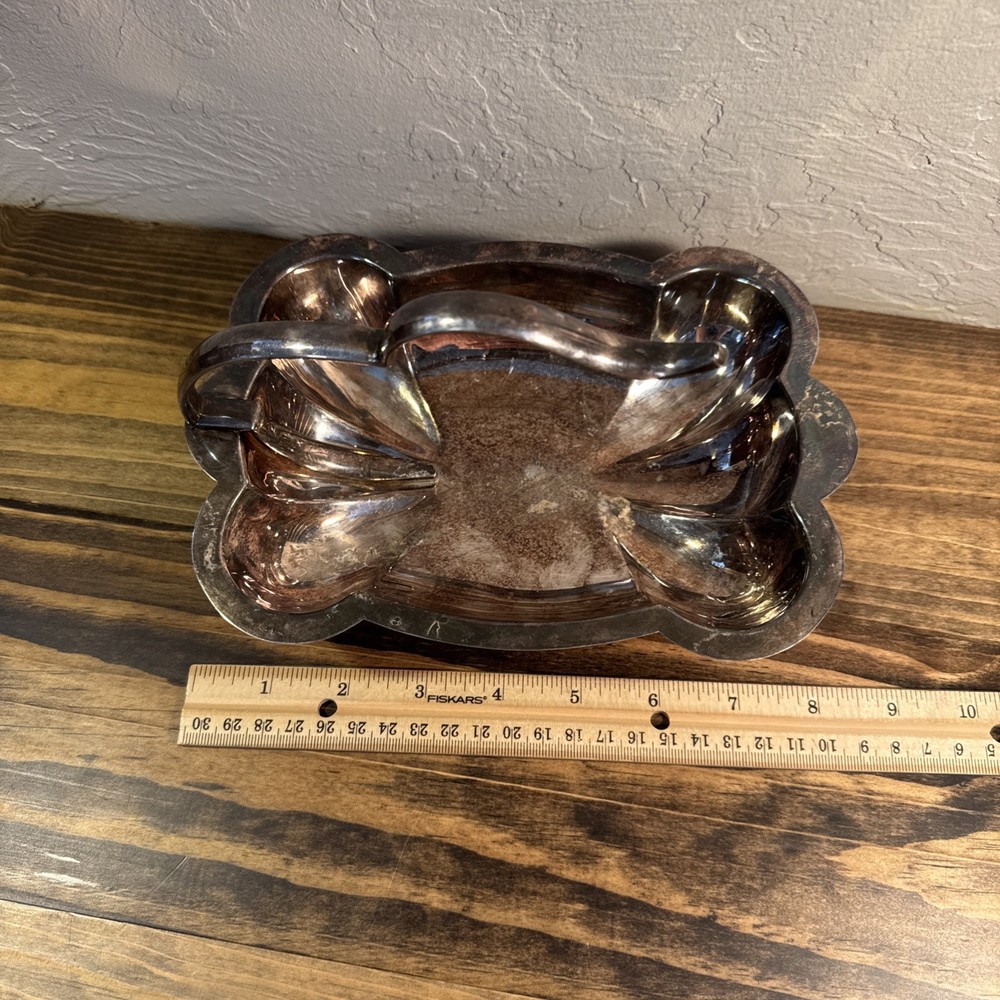 Vintage Silver Plate Candy Dish Scalloped Rectangular with Free Form Handle