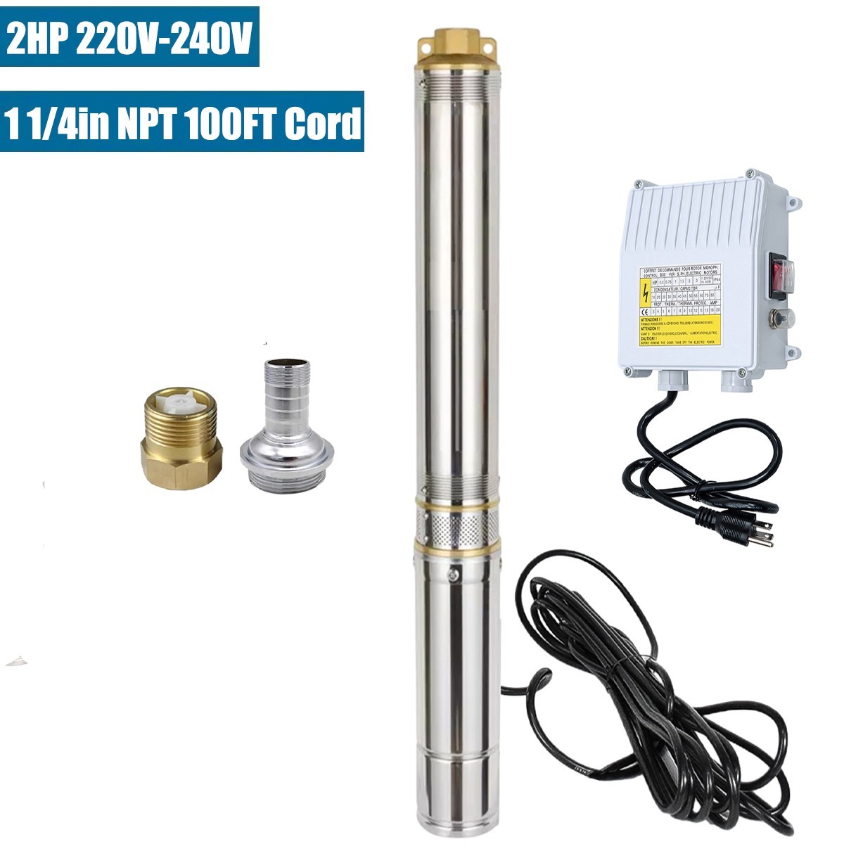4" 2HP Deep Well Submersible Pump, 220V 35GPM 400FT Max 100FT Cord w/Control Box