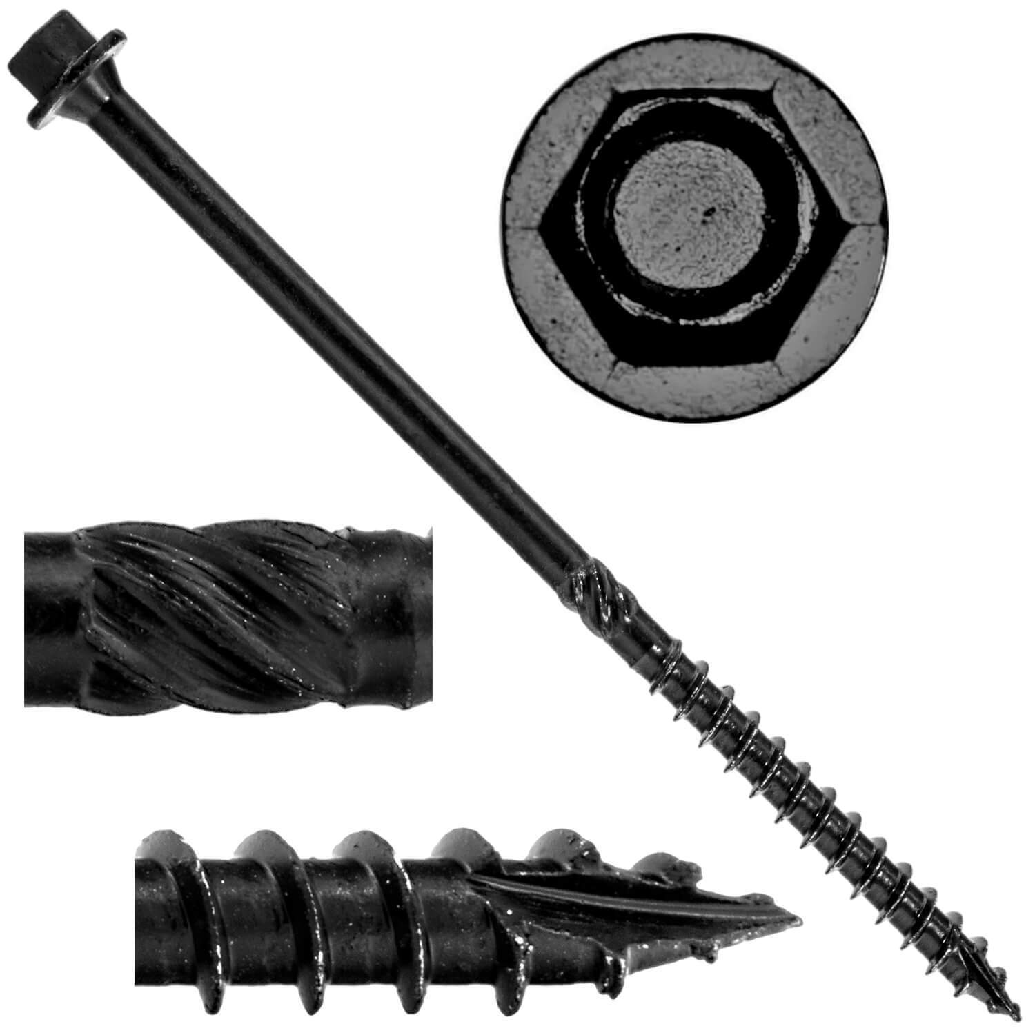 Black TIMBER LOG SCREWS: Hex Drive Screws - Heavy Duty Log Timber Screws 2"-14"