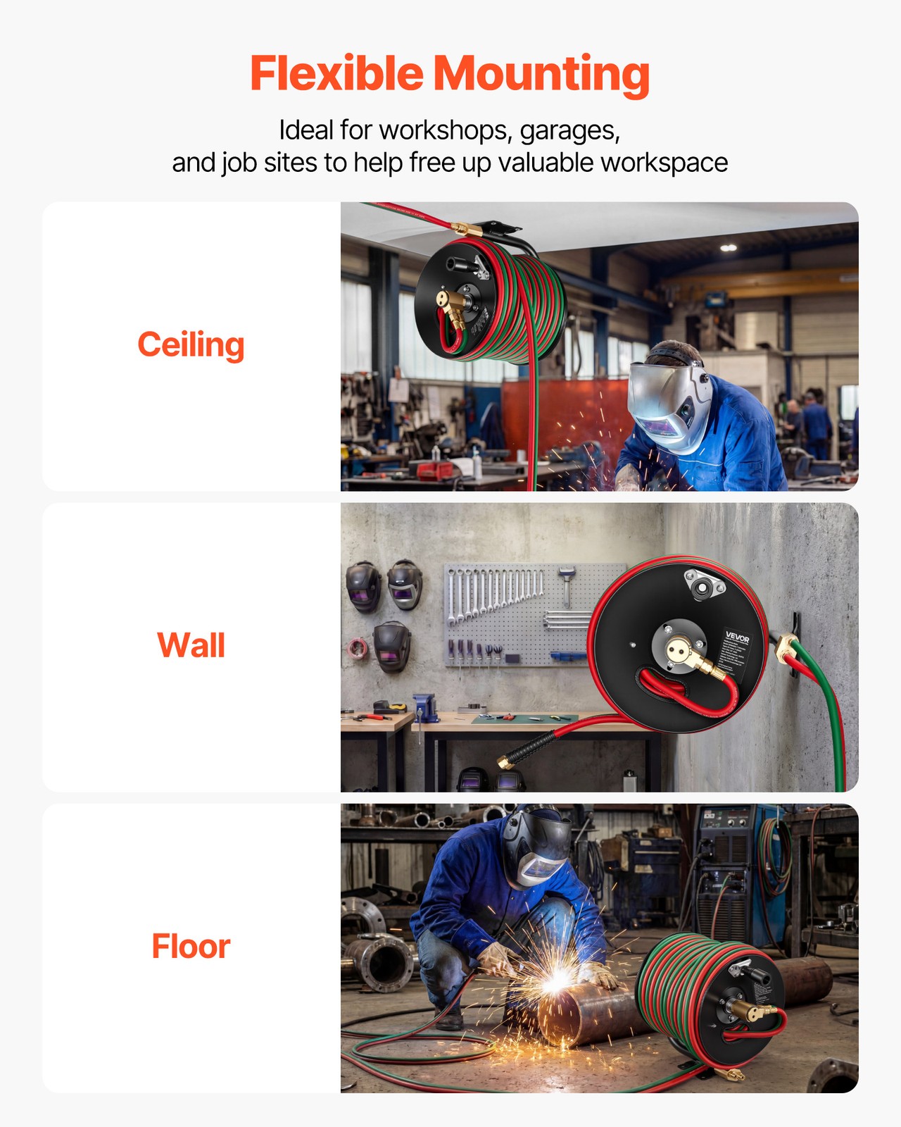 VEVOR Retractable Welding Hose Reel Hand Crank Hose Reel with 1/4" x 100FT Hose