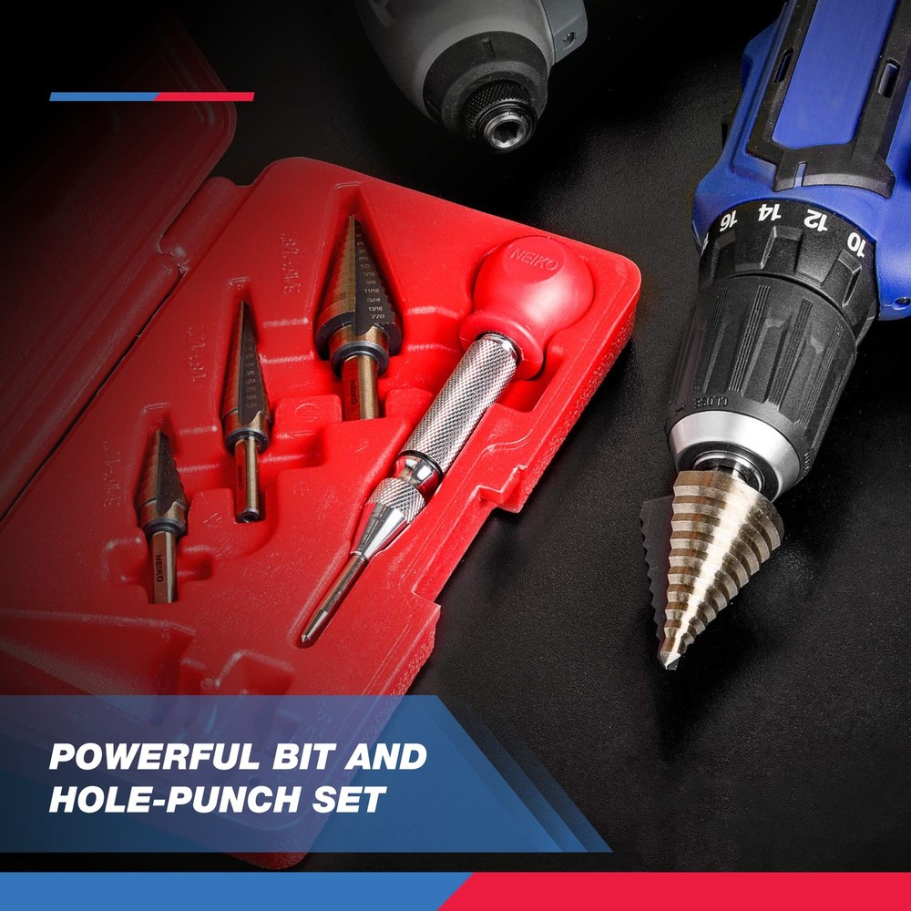 NEIKO 10169A Step Drill Bit Set and Automatic Center Punch | 5 Piece, 41 SAE ...