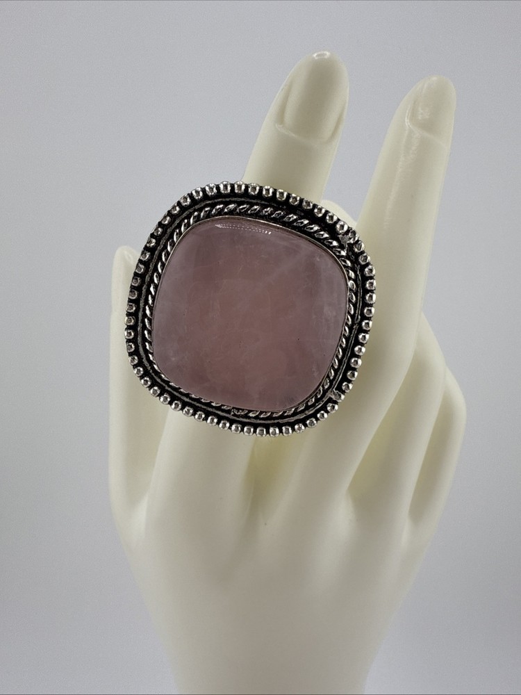 German Silver Rose Quartz Square Statement Ring Size 6 NWT