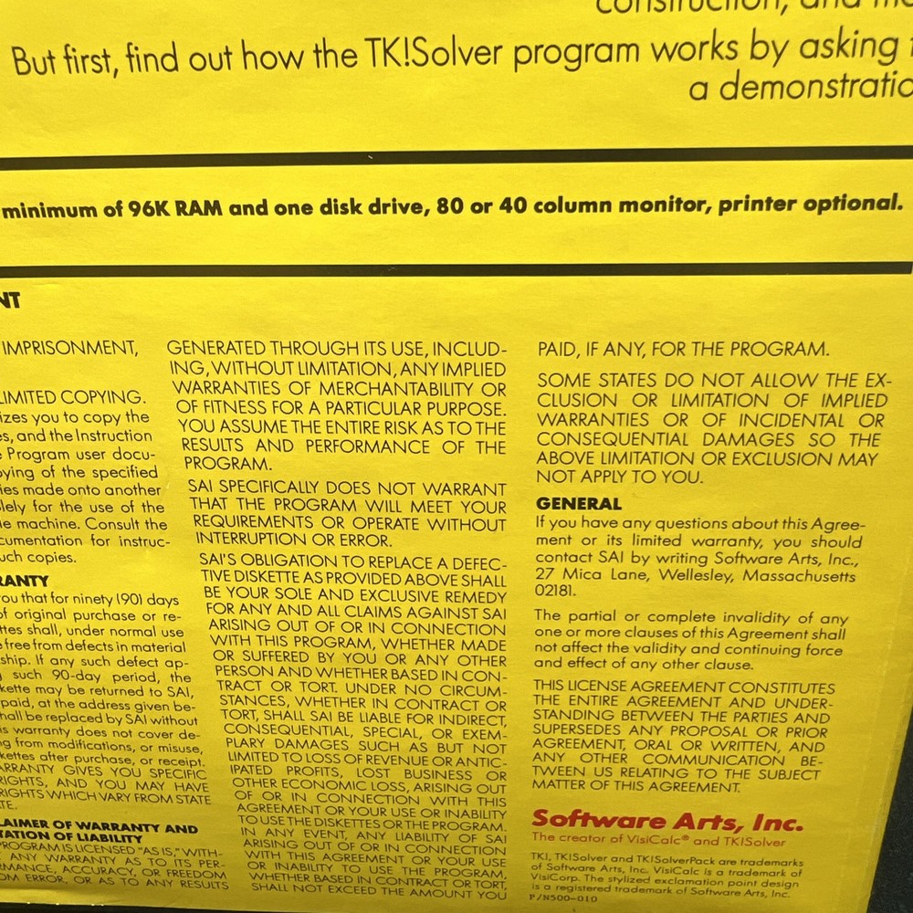 IBM PC Software: TK! SOLVER 1.2 From Software Arts DOS Vintage