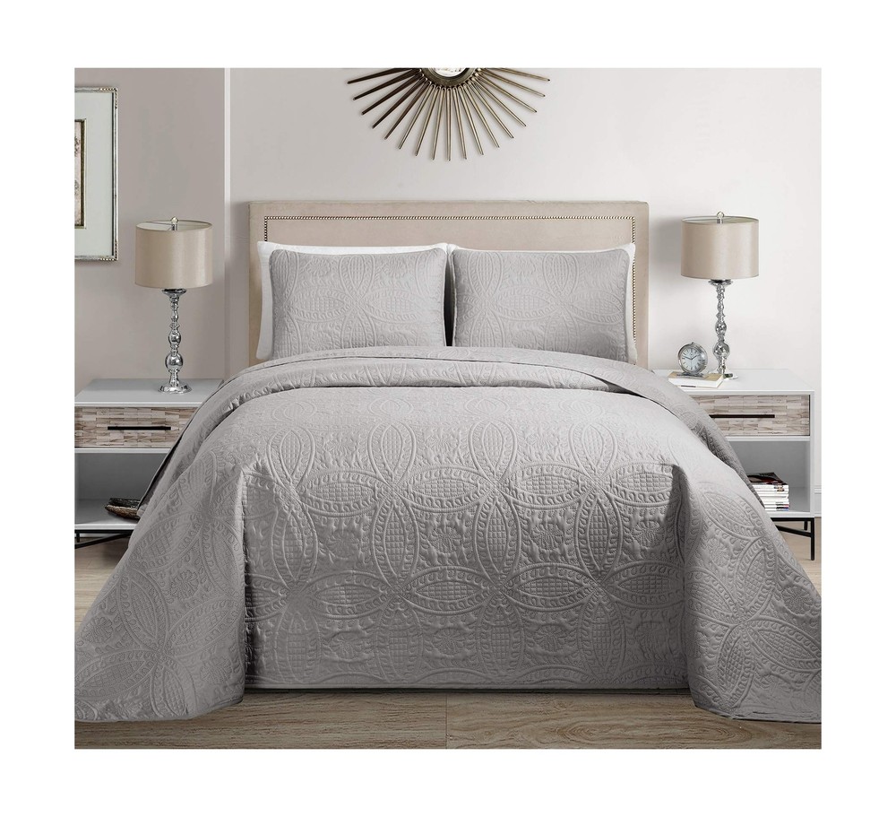 MK Home Mk Collection Solid Embossed Bedspread Bed Cover Over Size (Silver, K...