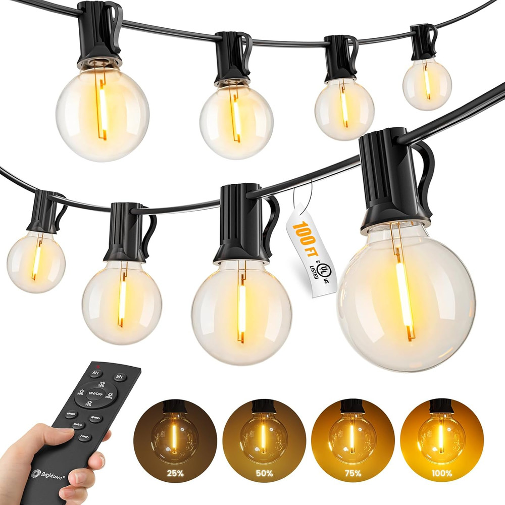 Outdoor String Lights with Remote, 100Ft Outside Waterproof Light with Dimmable