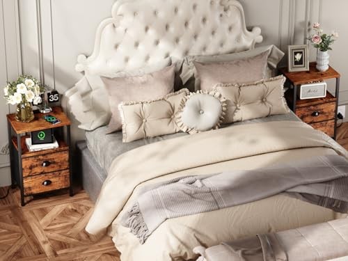 Nightstand with Charging Station, End Table 1 PC Rustic Brown drawer on bottom