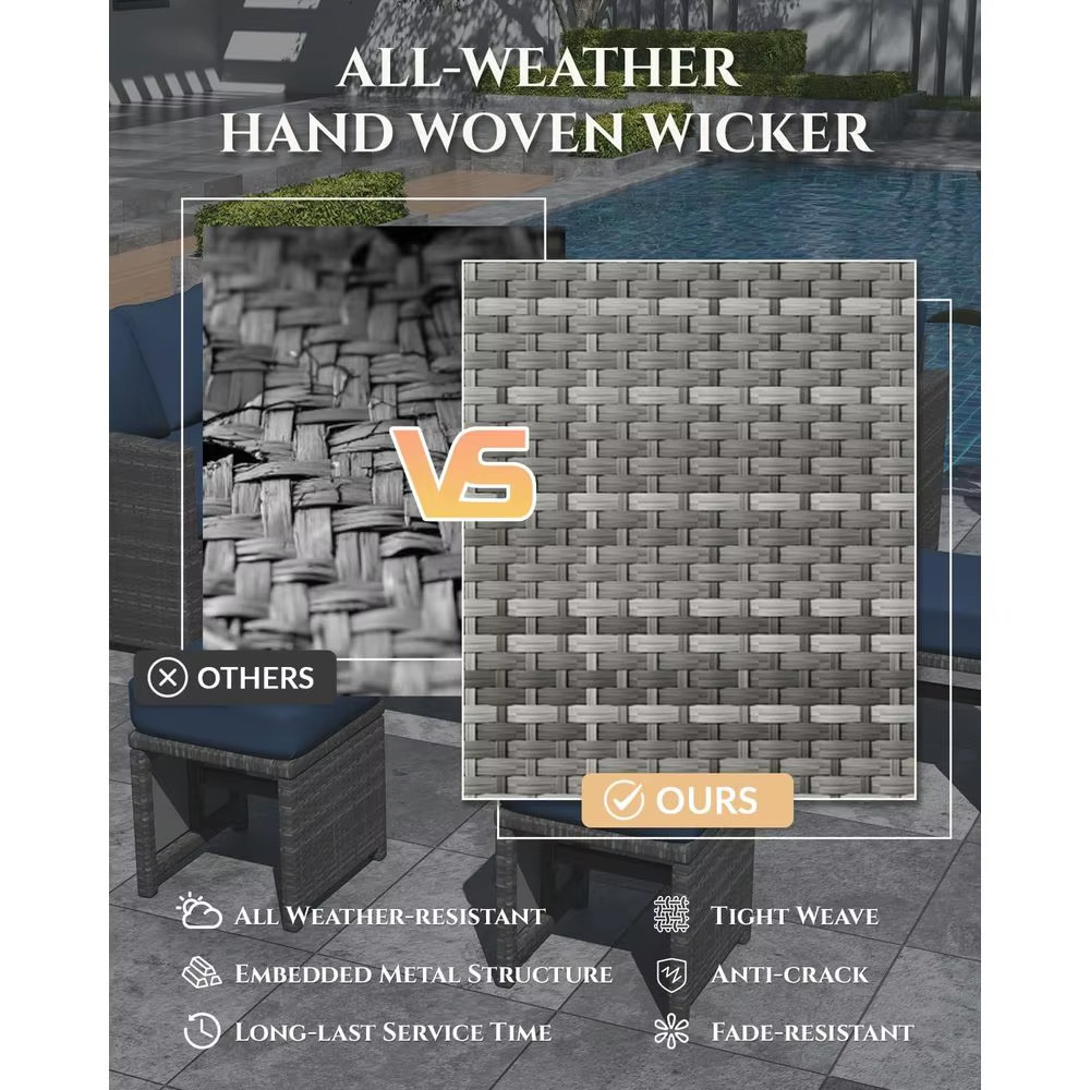 Gray Rattan Patio Furniture Set Sectional Sofa Table Chairs Ottoman Steel Frame