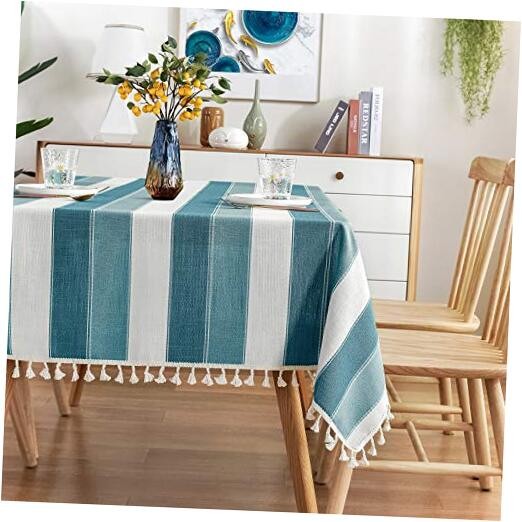 Striped Tassel Tablecloth Stitching Rectangle 120" x 55" (Rectangular) Teal