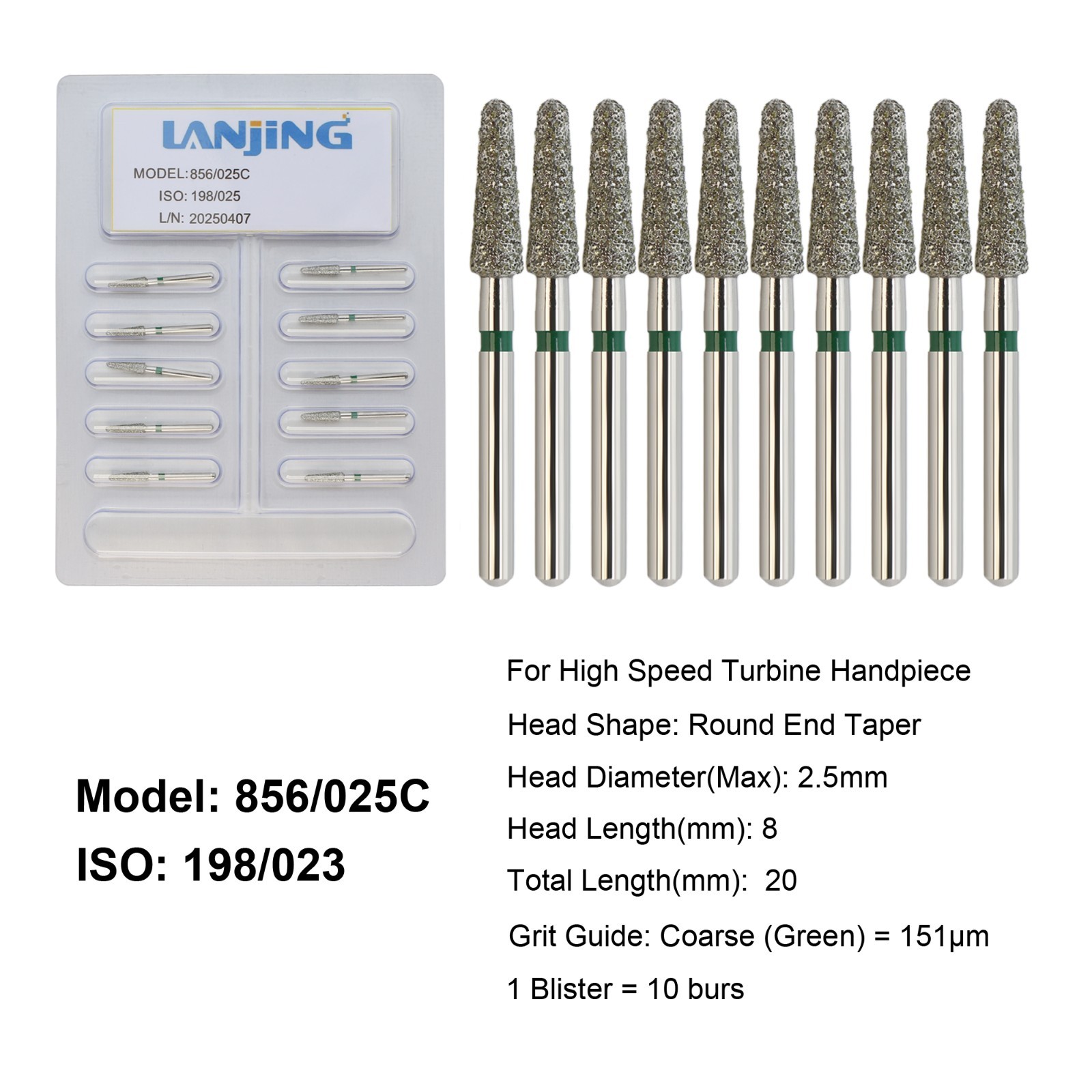 Dental Diamond Burs Round End Taper Diamond Bur Coarse Fine FG High Speed 856