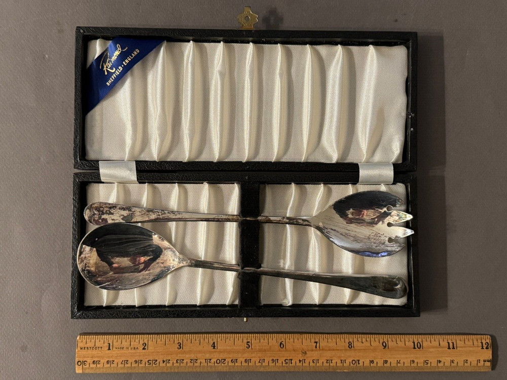 RAIMOND SHEFFIELD SILVERPLATE SALAD SERVING SET VINTAGE SPOON/FORK IN BOX