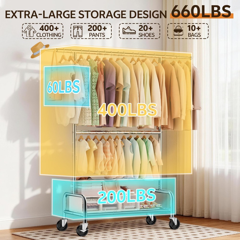 Heavy Duty Clothes Rack Load 660 LBS , Rolling Garment Rack with Lockable Whe...