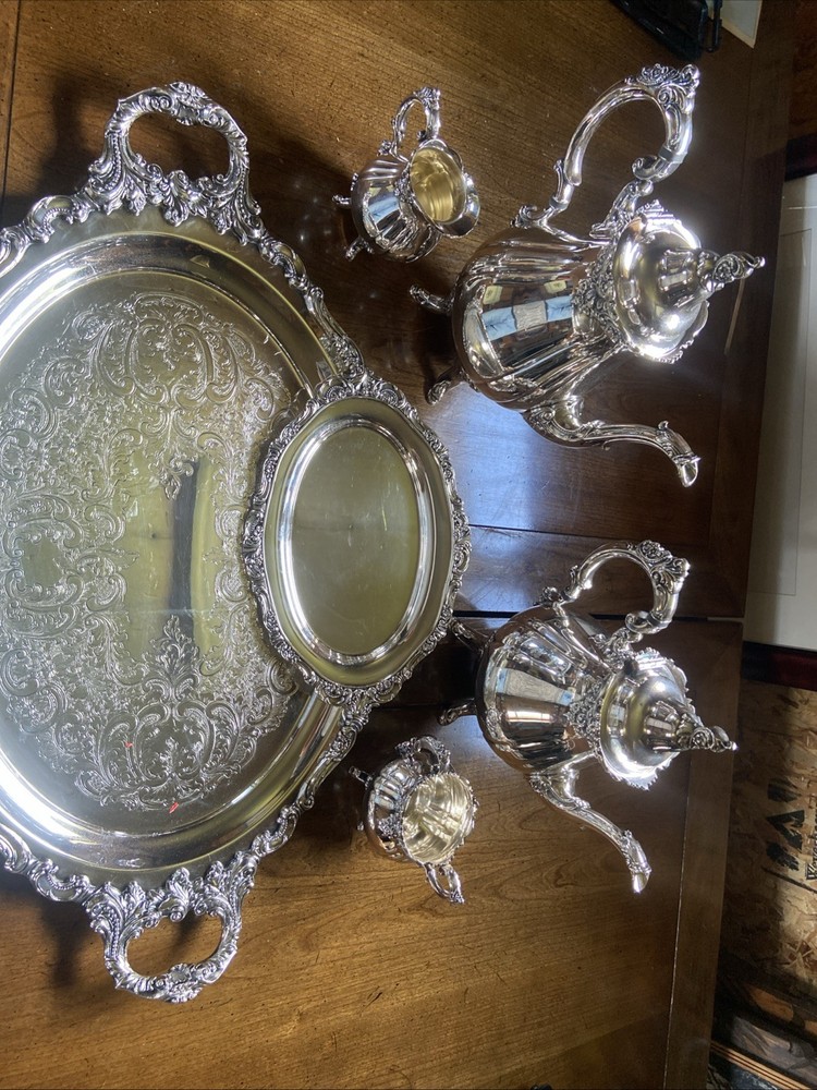 Wallace Baroque Silver Coffee and Tea Set 6 Pc with Tray Silver Plated Vintage