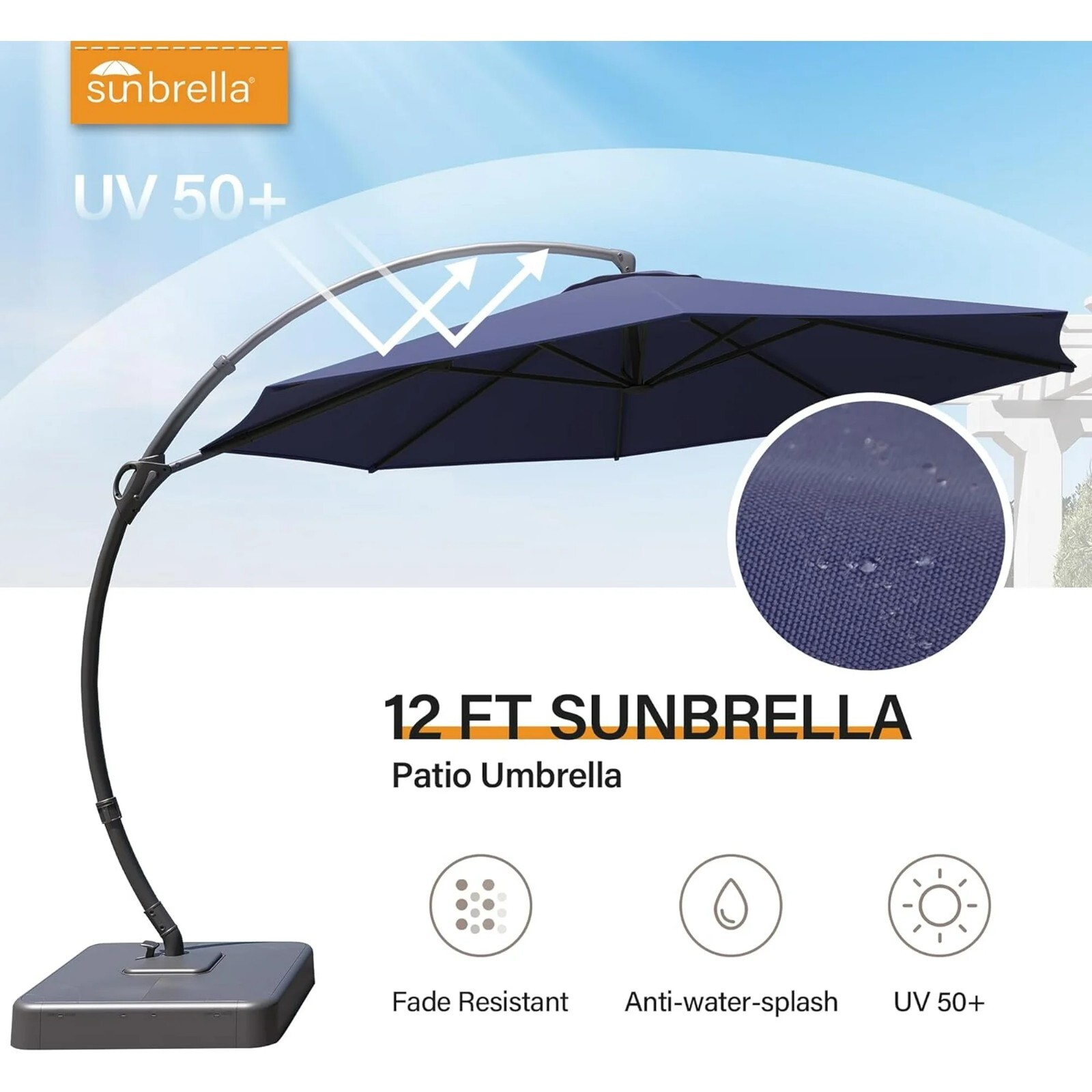 LAUSAINT HOME 12FT Sunbrella Patio Cantilever Umbrella with Base, 360°