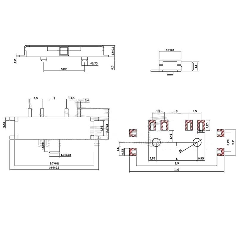 Micro Slide Switch 3 Position 8 Pin Mini SMD Switch PCB Panel Mount 1.5mm Handle