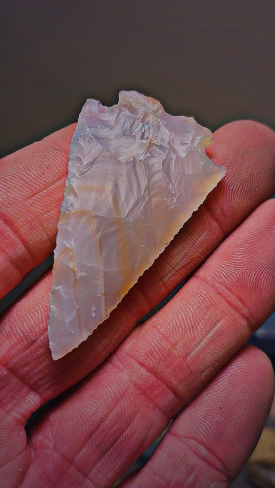 Flintknapped Laced Agate Unique Corner Notch Arrowhead, Extremely Beautiful